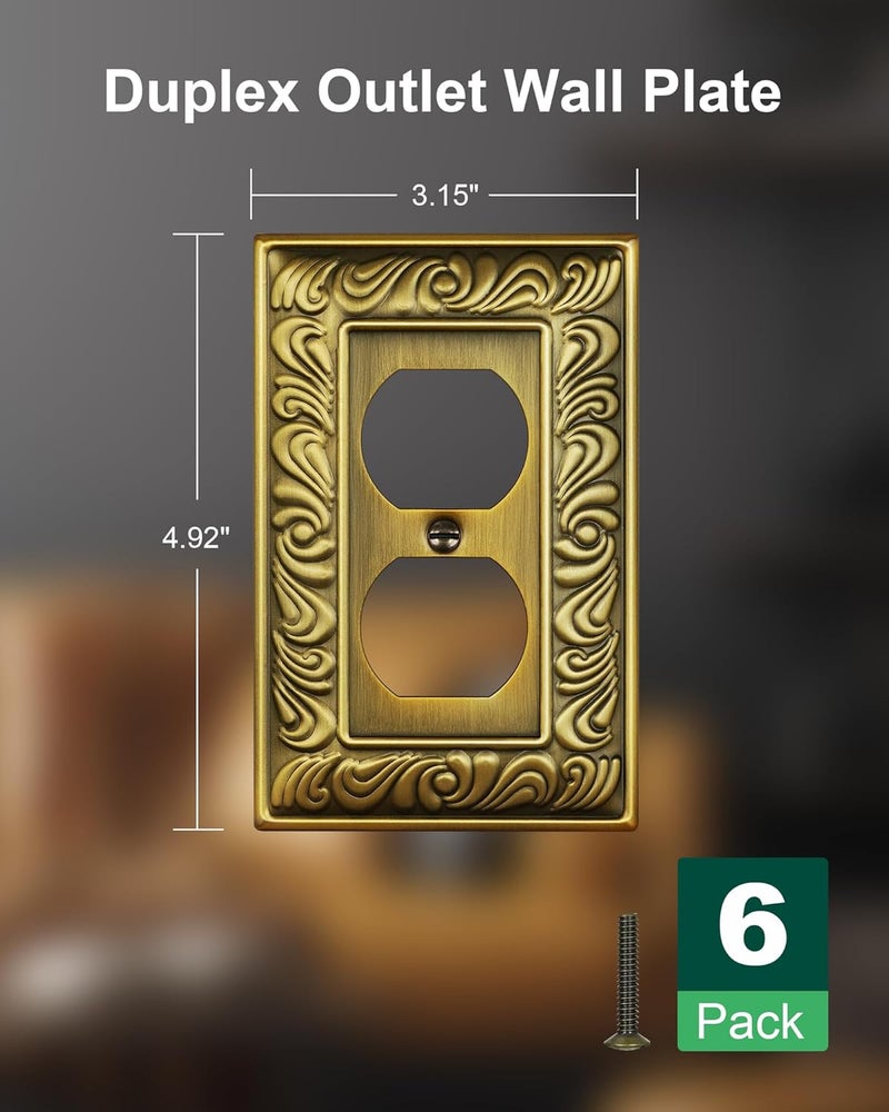 treewell 6-Pack Duplex Outlet Cover Plate, Paisley Pattern Antique Brass Metal Wall Plates for Electrical Outlets, 1 Gang Receptacle Cover Decorative Switch Plates and Outlet Covers - Image 2
